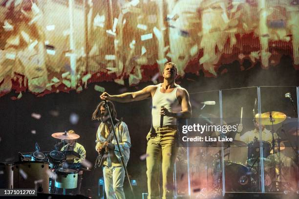 Wayne Sermon, Dan Reynolds and Daniel Platzman of Imagine Dragons perform live at PPL Center on February 16, 2022 in Allentown, Pennsylvania.