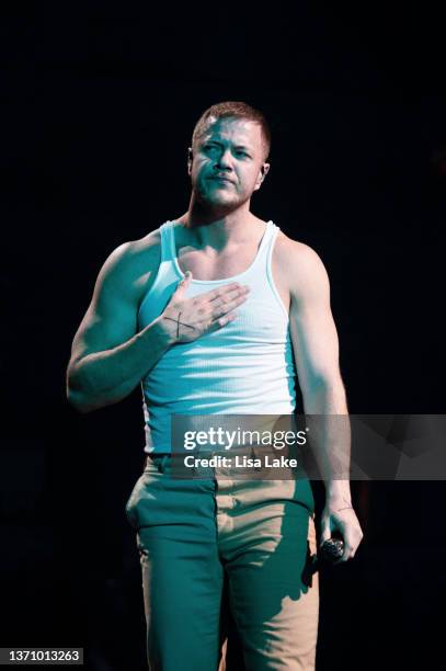 Lead singer Dan Reynolds of Imagine Dragons performs live at PPL Center on February 16, 2022 in Allentown, Pennsylvania.