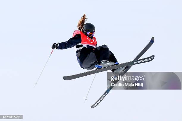Zoe Atkin of Team Great Britain performs a trick in practice ahead of the Women's Freestyle Skiing Freeski Halfpipe Qualification on Day 13 of the...