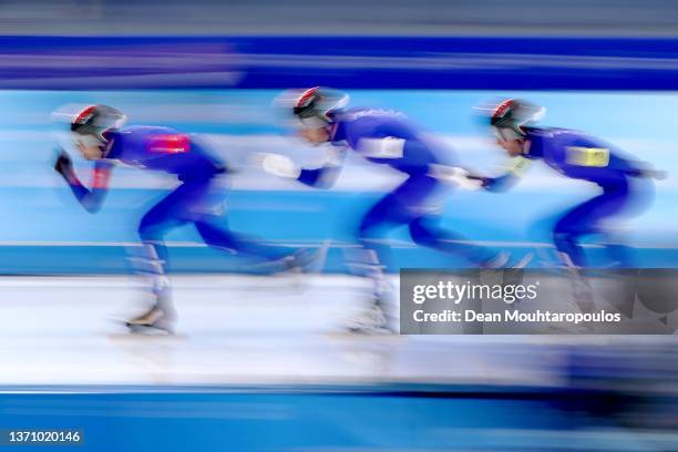 Team Italy with Davide Ghiotto, Andrea Giovannini and Michele Malfatti skate during the Men's Team Pursuit Final D on day eleven of the Beijing 2022...