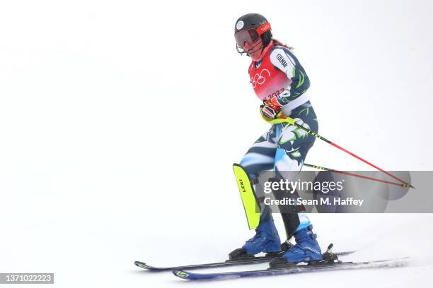 Marusa Ferk Saioni of Team Slovenia reacts following her run during the Women's Alpine Combined Slalom on day 13 of the Beijing 2022 Winter Olympic...