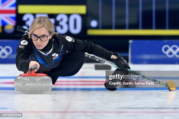 Galina Arsenkina of Team ROC competes against Team Great Britain during the Women’s Curling Round Robin Session on Day 13 of the Beijing 2022 Winter...