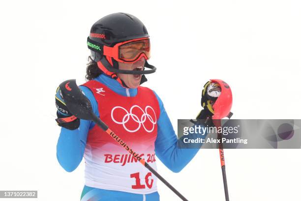 Federica Brignone of Team Italy reacts following her run during the Women's Alpine Combined Slalom on day 13 of the Beijing 2022 Winter Olympic Games...