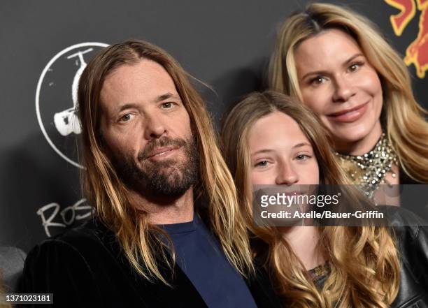 Taylor Hawkins, Annabelle Hawkins and Alison Hawkins attend the Los Angeles Premiere of "Studio 666" at TCL Chinese Theatre on February 16, 2022 in...