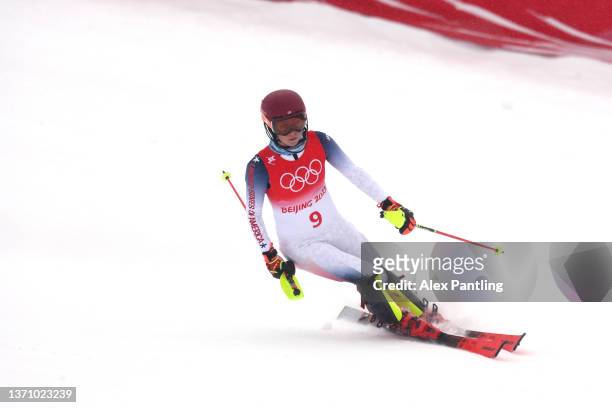 Mikaela Shiffrin of Team United States skis down the hill after skiing off course during the Women's Alpine Combined Slalom on day 13 of the Beijing...