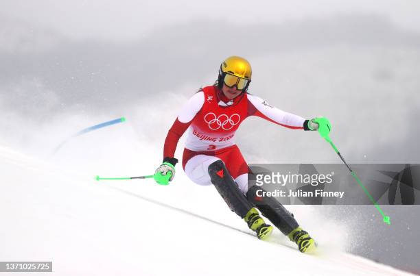 Katharina Huber of Team Austria skis during the Women's Alpine Combined Slalom on day 13 of the Beijing 2022 Winter Olympic Games at National Alpine...
