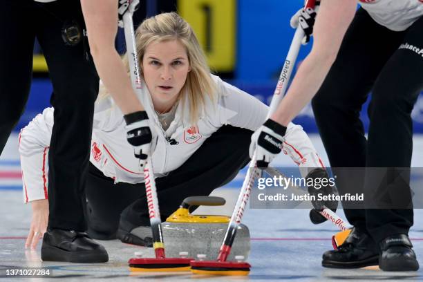 Jennifer Jones of Team Canada competes against Team Denmark during the Women’s Curling Round Robin Session on Day 13 of the Beijing 2022 Winter...