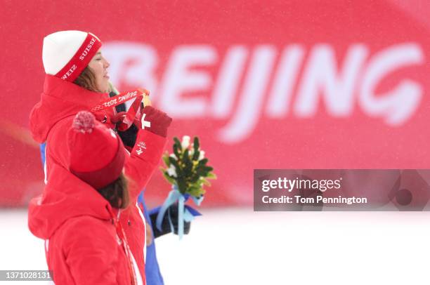 Gold medallist Michelle Gisin of Team Switzerland poses during the Women's Alpine Combined medal ceremony on day 13 of the Beijing 2022 Winter...