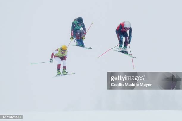 Fanny Smith of Team Switzerland, Brittany Phelan of Team Canada and Andrea Limbacher of Team Austria compete during the Women's Freestyle Skiing Ski...