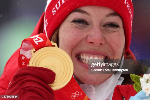 Gold medallist Michelle Gisin of Team Switzerland poses during the Women's Alpine Combined medal ceremony on day 13 of the Beijing 2022 Winter...