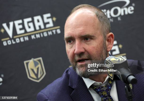 Head coach Peter DeBoer of the Vegas Golden Knights speaks at a news conference after a game against the Colorado Avalanche at T-Mobile Arena on...