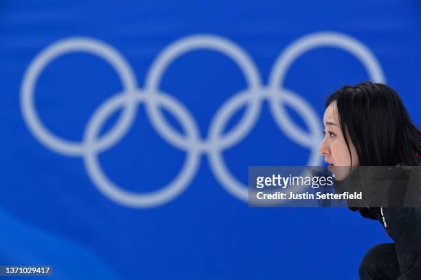 Satsuki Fujisawa of Team Japan looks on against /S during the Women’s Curling Round Robin Session on Day 13 of the Beijing 2022 Winter Olympic Games...