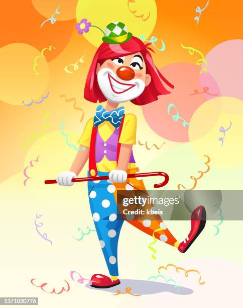 ilustraciones, imágenes clip art, dibujos animados e iconos de stock de alegre chica payaso bailando - girl clown face
