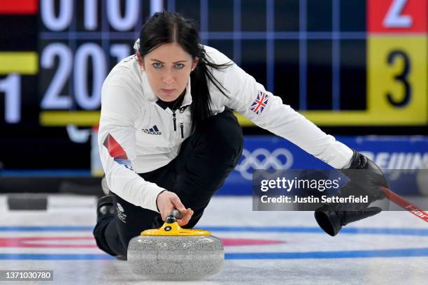 Eve Muirhead of Team Great Britain competes against Team ROC during the Women’s Curling Round Robin Session on Day 13 of the Beijing 2022 Winter...