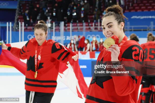 Sarah Nurse of Team Canada poses for photos with the gold medal won by defeating Team United States in the Women's Ice Hockey Gold Medal match...