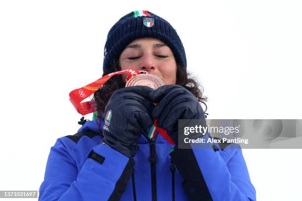 Bronze medalist Federica Brignone of Team Italy poses during the Women's Alpine Combined medal ceremony on day 13 of the Beijing 2022 Winter Olympic...