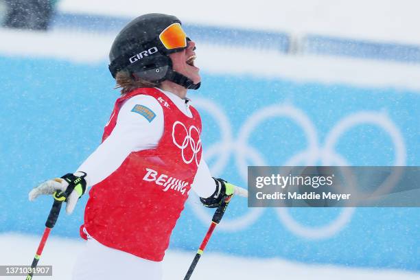 Sandra Naeslund of Team Sweden celebrates after winning the gold medal during the Women's Freestyle Skiing Ski Cross Big Final on Day 13 of the...