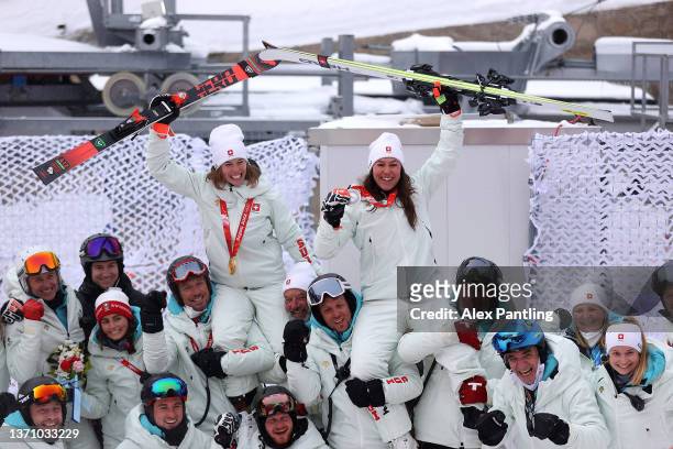Gold medallist Michelle Gisin of Team Switzerland and Silver medalist Wendy Holdener of Team Switzerland pose during the Women's Alpine Combined...