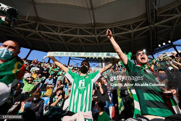 Fans of Real Betis during the LaLiga Santander match between Levante UD and Real Betis at Ciutat de Valencia Stadium on February 13, 2022 in...