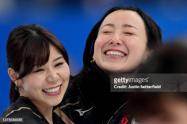 Yurika Yoshida and Satsuki Fujisawa of Team Japan react against Team Switzerland during the Women’s Curling Round Robin Session on Day 13 of the...