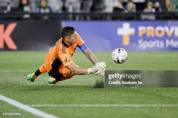 David Bingham of the Portland Timbers attempts to make a save on a penalty kick during the preseason friendly match between Viking FK and Portland...