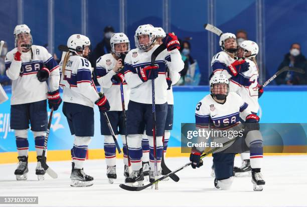 Team United States reacts after losing to Team Canada in the Women's Ice Hockey Gold Medal match between Team Canada and Team United States on Day 13...