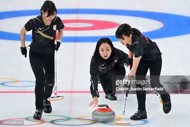 Yurika Yoshida, Satsuki Fujisawa and Yumi Suzuki of Team Japan compete against Team Switzerland during the Women’s Curling Round Robin Session on Day...