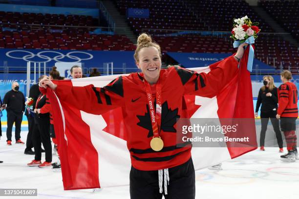 Gold medal winners Sarah Fillier of Team Canada celebrates during the medal ceremony after the Women's Ice Hockey Gold Medal match between Team...