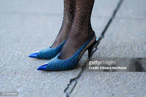 Miki Cheung wears black fishnet with embroidered rhinestones pattern tight, blue and green checkered tweed pointed pumps heels shoes, outside Marrisa...