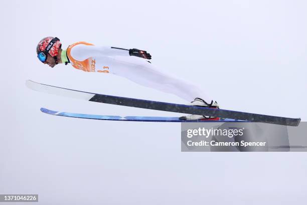 Lukas Greiderer of Team Austria competes during the Ski Jumping First Round as part of Biathlon Team Gundersen Large Hill/4x5km event on Day 13 of...