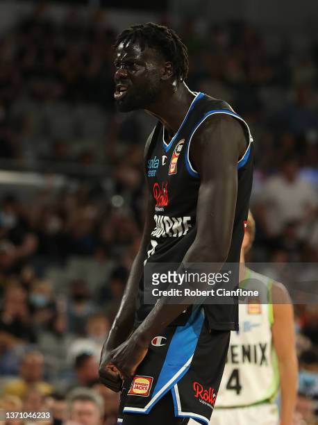 Jo Lual Acuil of United celebrates after scoring during the round 12 NBL match between Melbourne United and South East Melbourne Phoenix at John Cain...