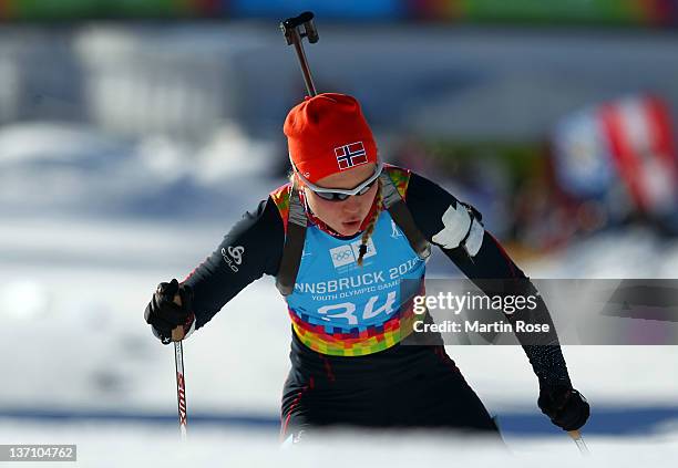 Kristin Sandeggen of Norway competes at the Biathlon women's 6 km sprint race during the Winter Youth Olympic Games at Seefeld Arena on January 15,...