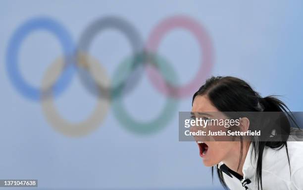 Eve Muirhead of Team Great Britain reacts against Team ROC during the Women’s Curling Round Robin Session on Day 13 of the Beijing 2022 Winter...