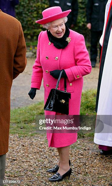 Queen Elizabeth II leaves the church of St Mary in Flitcham near the Sandringham Estate after attending Sunday service on January 15, 2012 near...