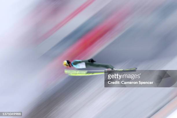 Jens Luraas Oftebro of Team Norway competes during the Ski Jumping First Round as part of Biathlon Team Gundersen Large Hill/4x5km event on Day 13 of...