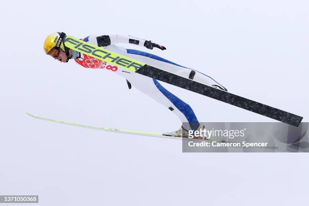 Lukas Greiderer of Team Austria competes during the Ski Jumping First Round as part of Biathlon Team Gundersen Large Hill/4x5km event on Day 13 of...