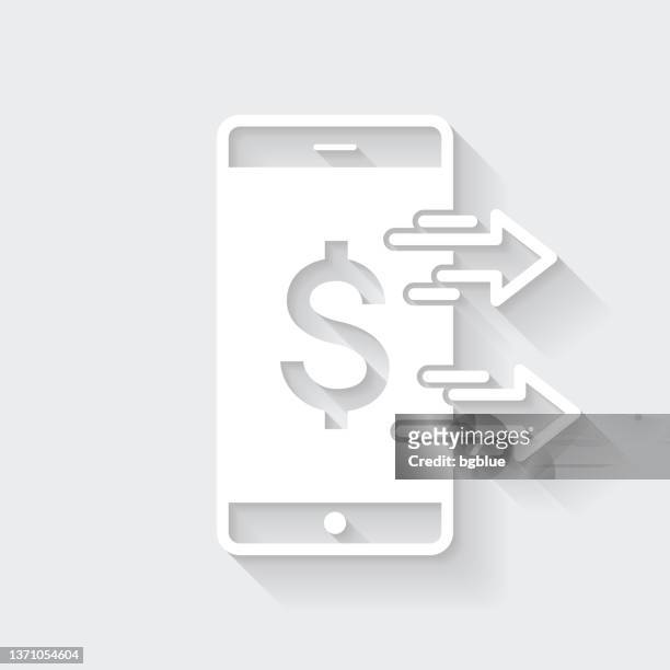 sending dollar with smartphone. icon with long shadow on blank background - flat design - exchanging stock illustrations