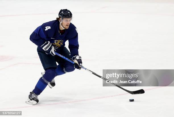 Mikko Lehtonen of Finland in action during the Men’s Ice Hockey Quarterfinal match between Team Finland and Team Switzerland on Day 12 of the Beijing...