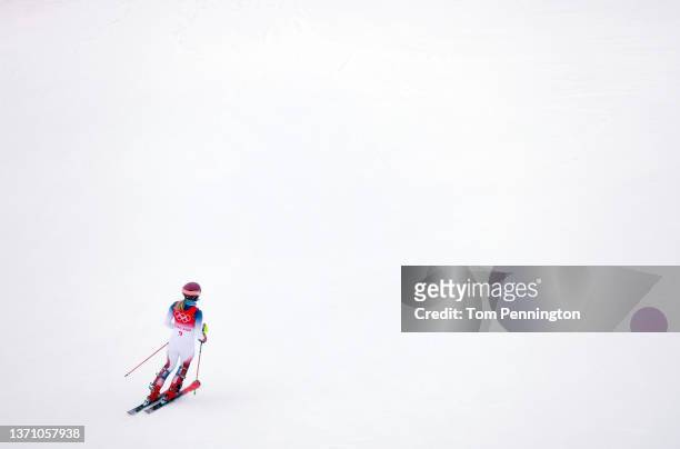 Mikaela Shiffrin of Team United States exits the course after missing a gate during the slalom segment of the Women's Alpine Combined on day 13 of...