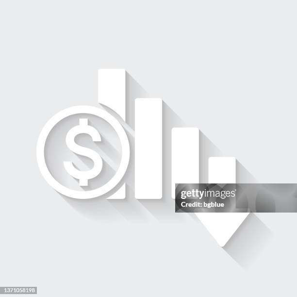 dollar rate decrease. icon with long shadow on blank background - flat design - bankruptcy relief stock illustrations