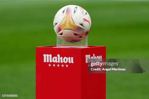 Detailed view of the match ball on the match ball plinth prior to the LaLiga Santander match between Club Atletico de Madrid and Levante UD at...