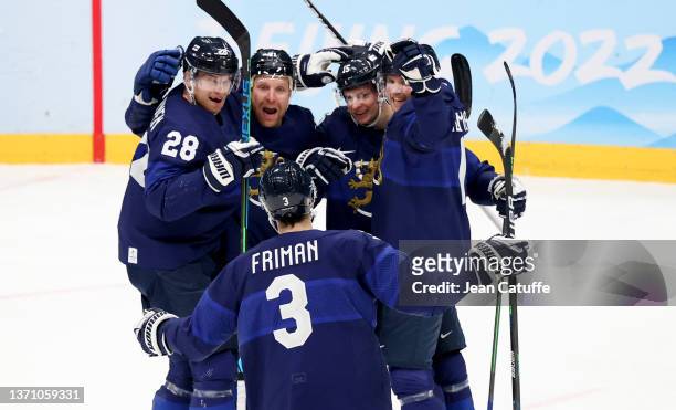Miro Aaltonen of Finland celebrates his goal with teammates during the Men’s Ice Hockey Quarterfinal match between Team Finland and Team Switzerland...