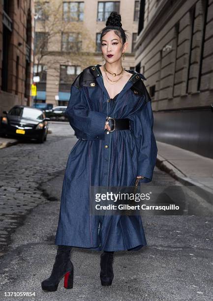Actress Arden Cho is seen arriving to Prabal Gurung Fashion Show during New York Fashion Week at Spring Studios on February 16, 2022 in New York City.