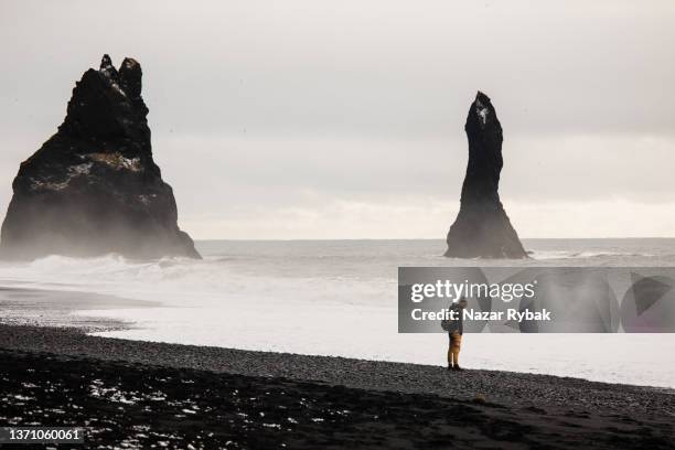 a young man enjoy the view at reynisfjara black sand beach in winter - black sand iceland stock pictures, royalty-free photos & images