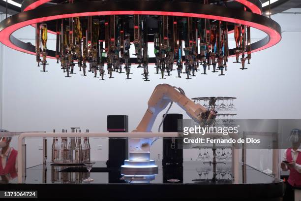 Robotic arm prepares cocktails at the bar area of the Main Media Centre on day 13 of 2022 Beijing Winter Olympics on February 17, 2022 in Beijing,...