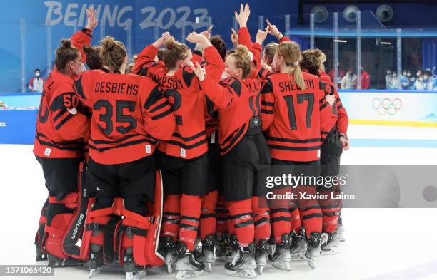 Team Canada celebrates their win over Team United States in the Women's Ice Hockey Gold Medal match between Team Canada and Team United States on Day...