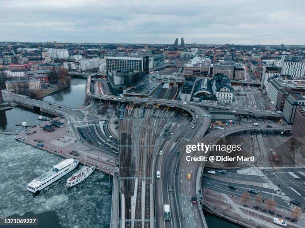 aerial view of stockholm central city train station in sweden - centralbron stock pictures, royalty-free photos & images