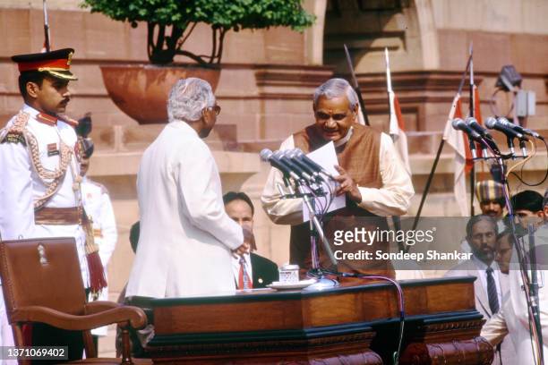 Leader Atal Behari Vajpayee being sworn-in as Prime Minister by President K.R. Narayanan in the Forecourt of Presidential Palace in New Delhi, India...