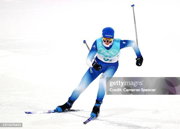 Matteo Baud of Team France competes during the Large Hill/4x5km, Cross-Country Round as part of Biathlon Team Gundersen Large Hill/4x5km event on Day...