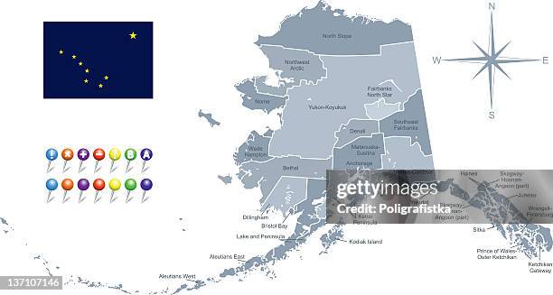 illustrations, cliparts, dessins animés et icônes de carte de l'alaska avec son drapeau - anchorage alaska